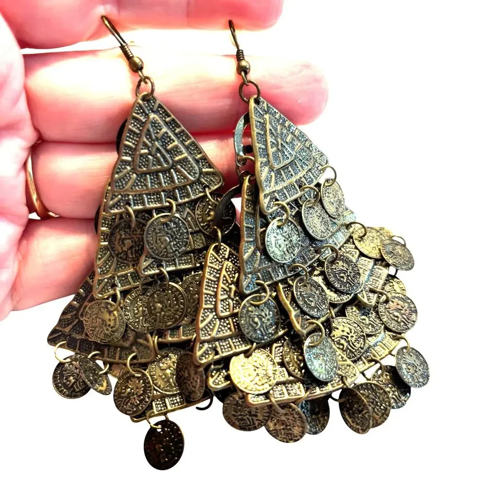 Vintage pierced earrings Boho Moroccan drop dangle brass gold movement statement